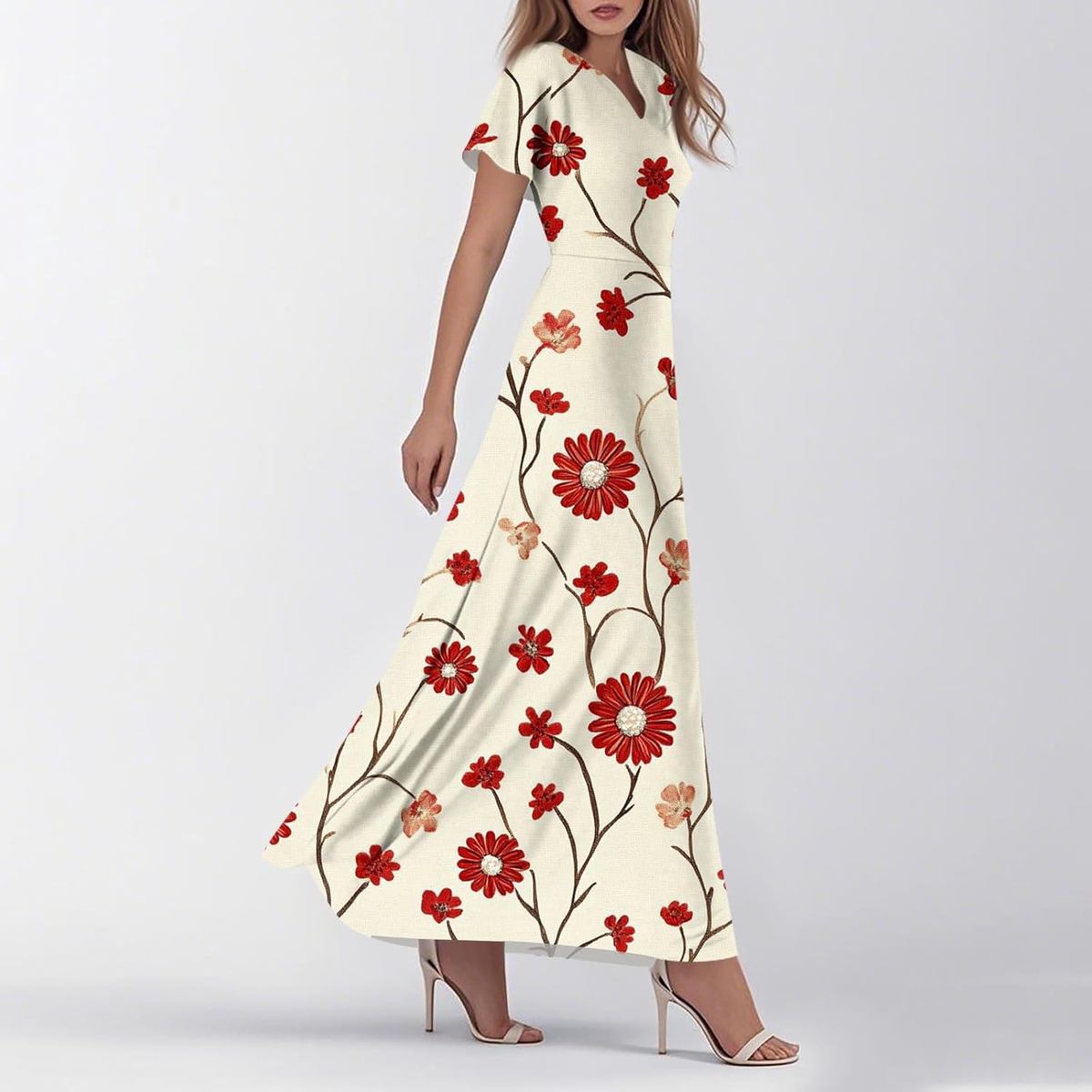Modest Floral Short Sleeve V Neck Empire Waist Tiered Maxi Dress