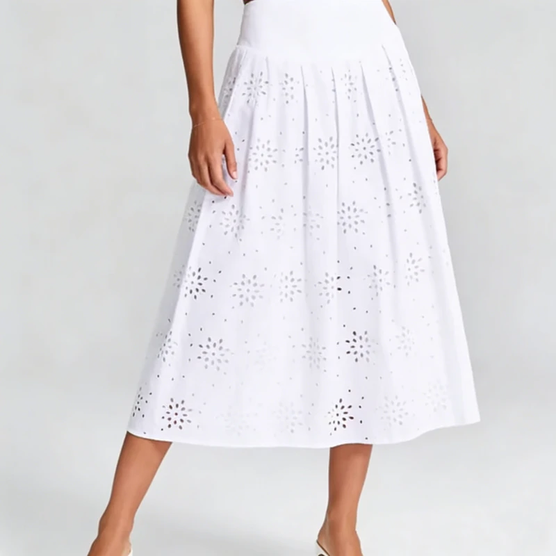 Elegant Summer White Eyelet Cutout Pleated High Waist Breathable Fabric Midi Casual Vacation Skirts