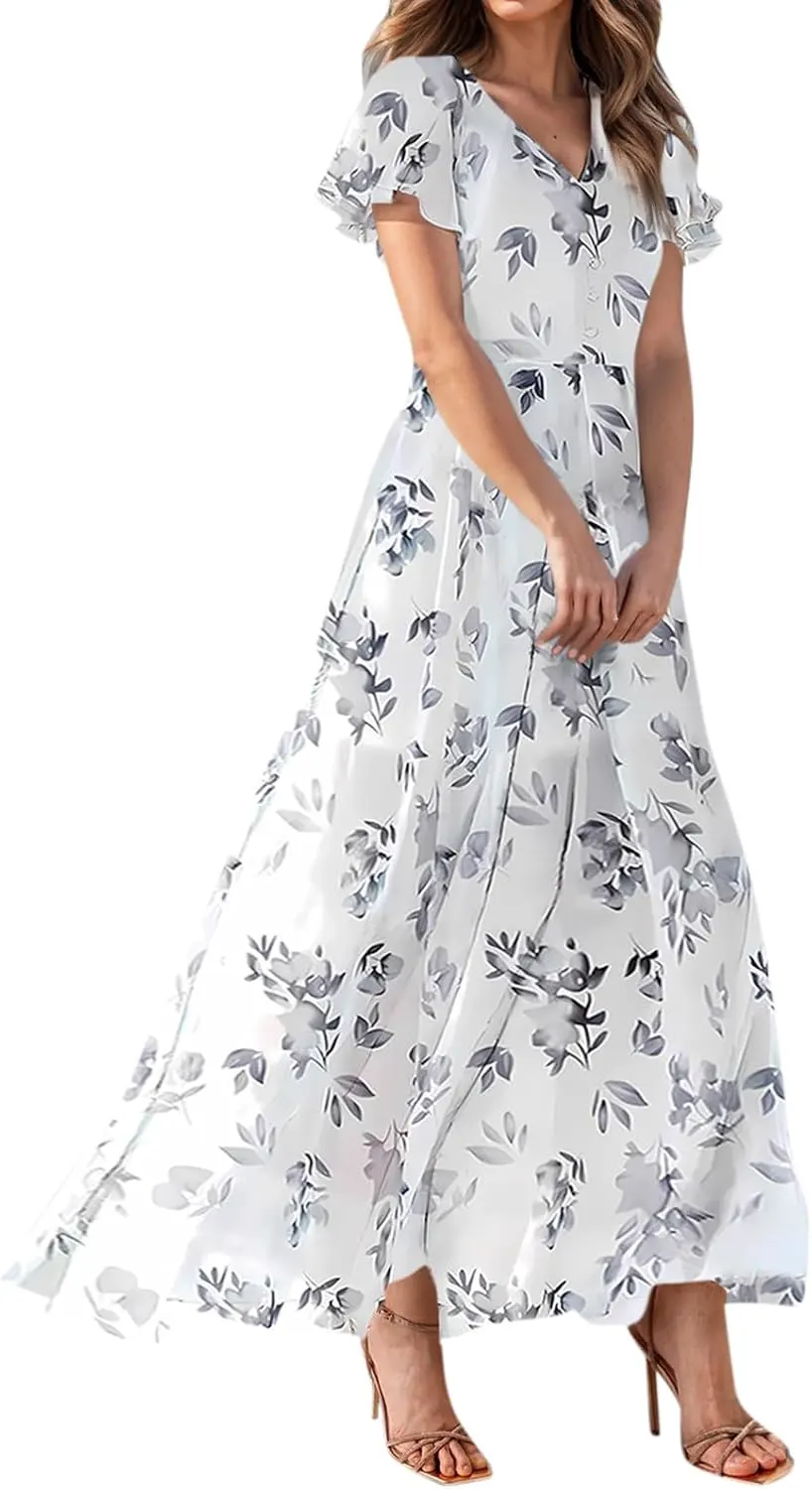 Floral Print Flutter Sleeve V Neck A-Line Maxi Dress