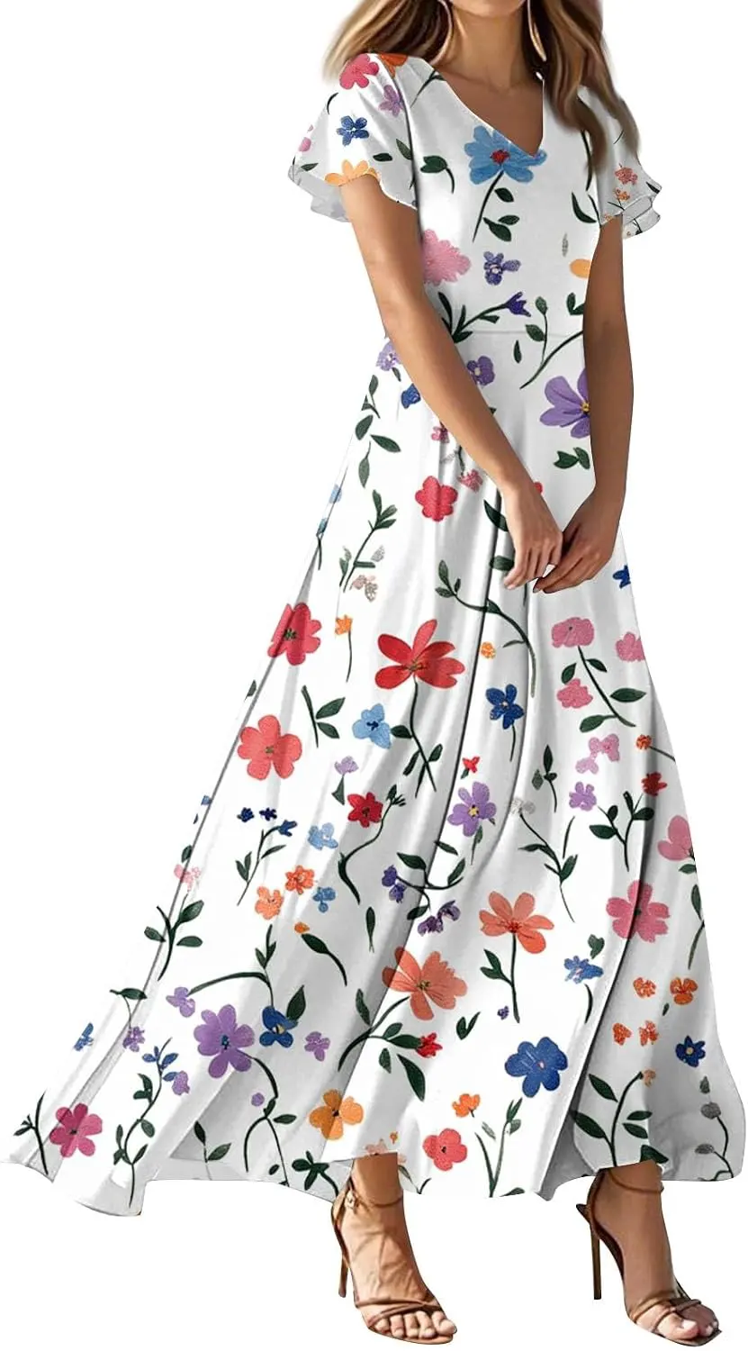 Floral Print Short Sleeve V Neck Swing Maxi Dress