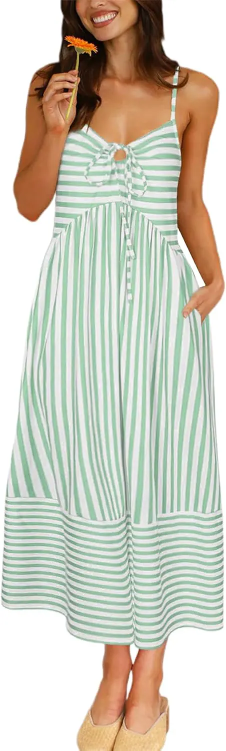 Striped Tie Front Smocked Back Maxi Sundress with Pockets