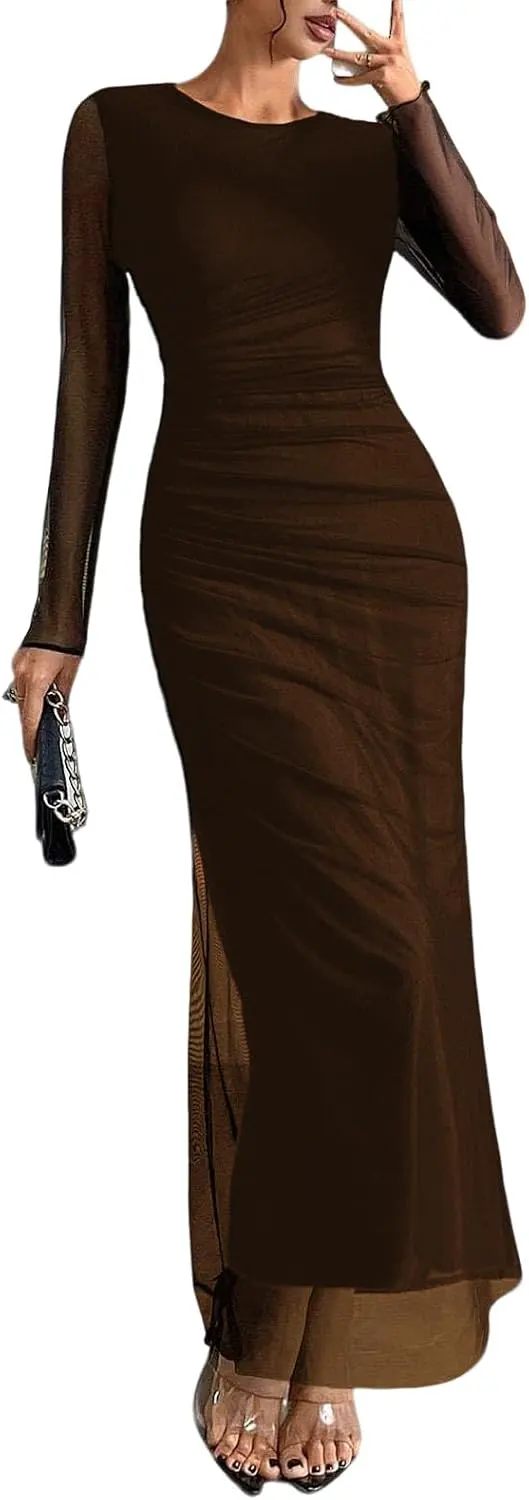Long Sleeve Tie Dye Mesh Ruched Maxi Dress