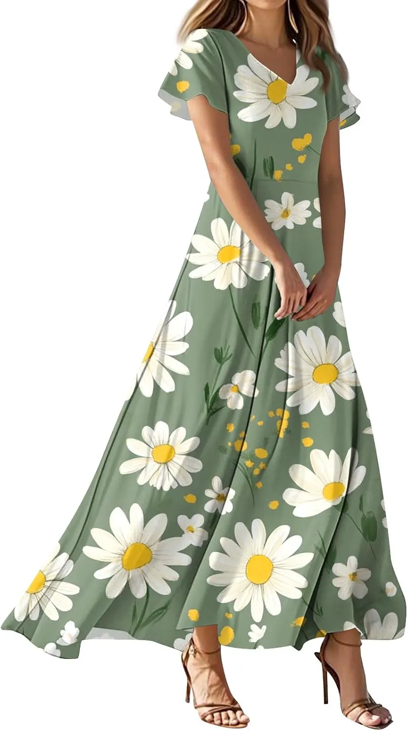 Modest Floral Short Sleeve V Neck Empire Waist Tiered Maxi Dress