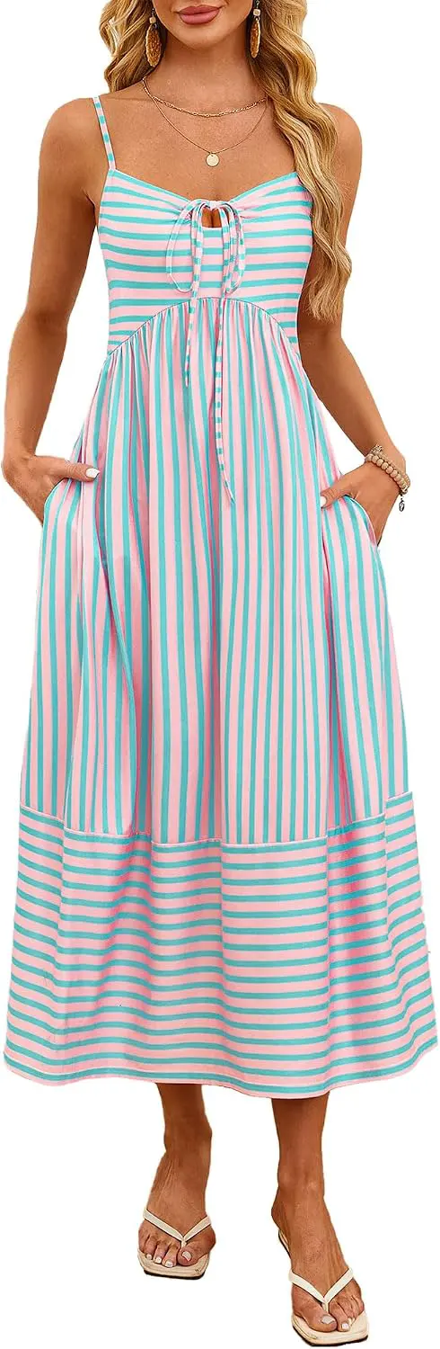 Striped Tie Front Smocked Back Maxi Sundress with Pockets