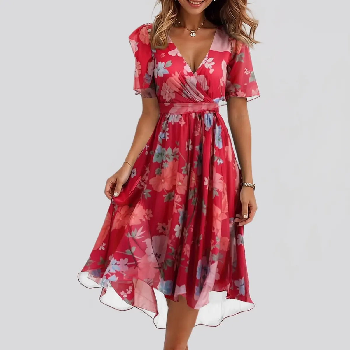 Boho Floral Print Chiffon Belted Midi Dress