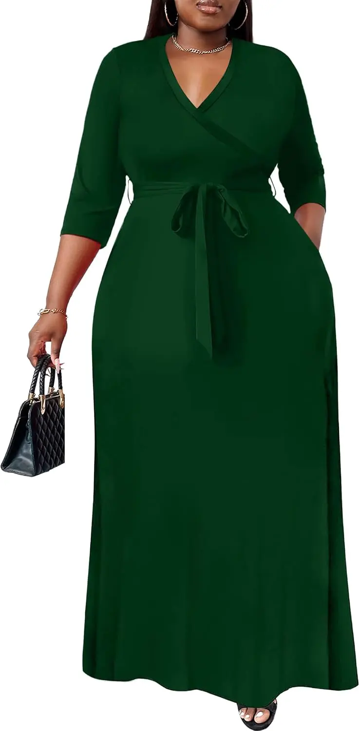 Plus Size Wrap Maxi Dress with Belt and Pockets