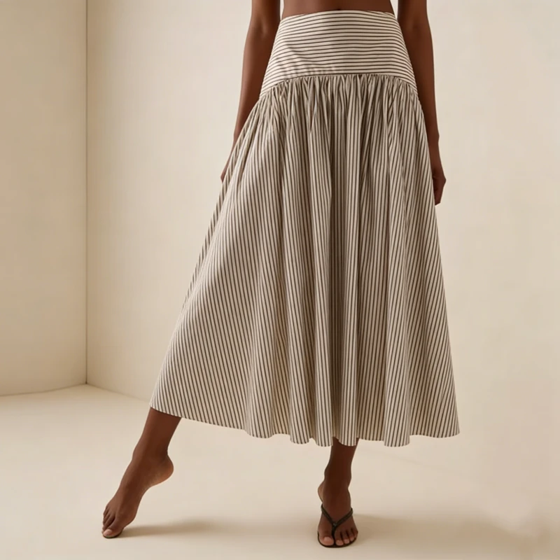 High Waisted Striped Mid Length Flowy Cotton Casual Loose Pleated Comfortable Chic Daily Skirts
