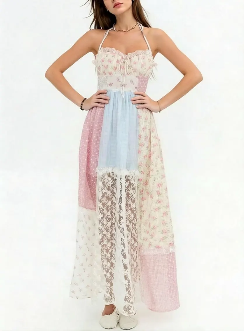 Boho Embroidered Square Neck Backless Maxi Sundress