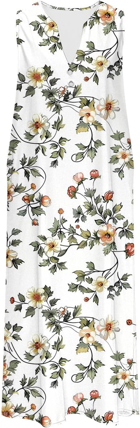 Vintage Floral Print Sleeveless V Neck Button Front Long Dress