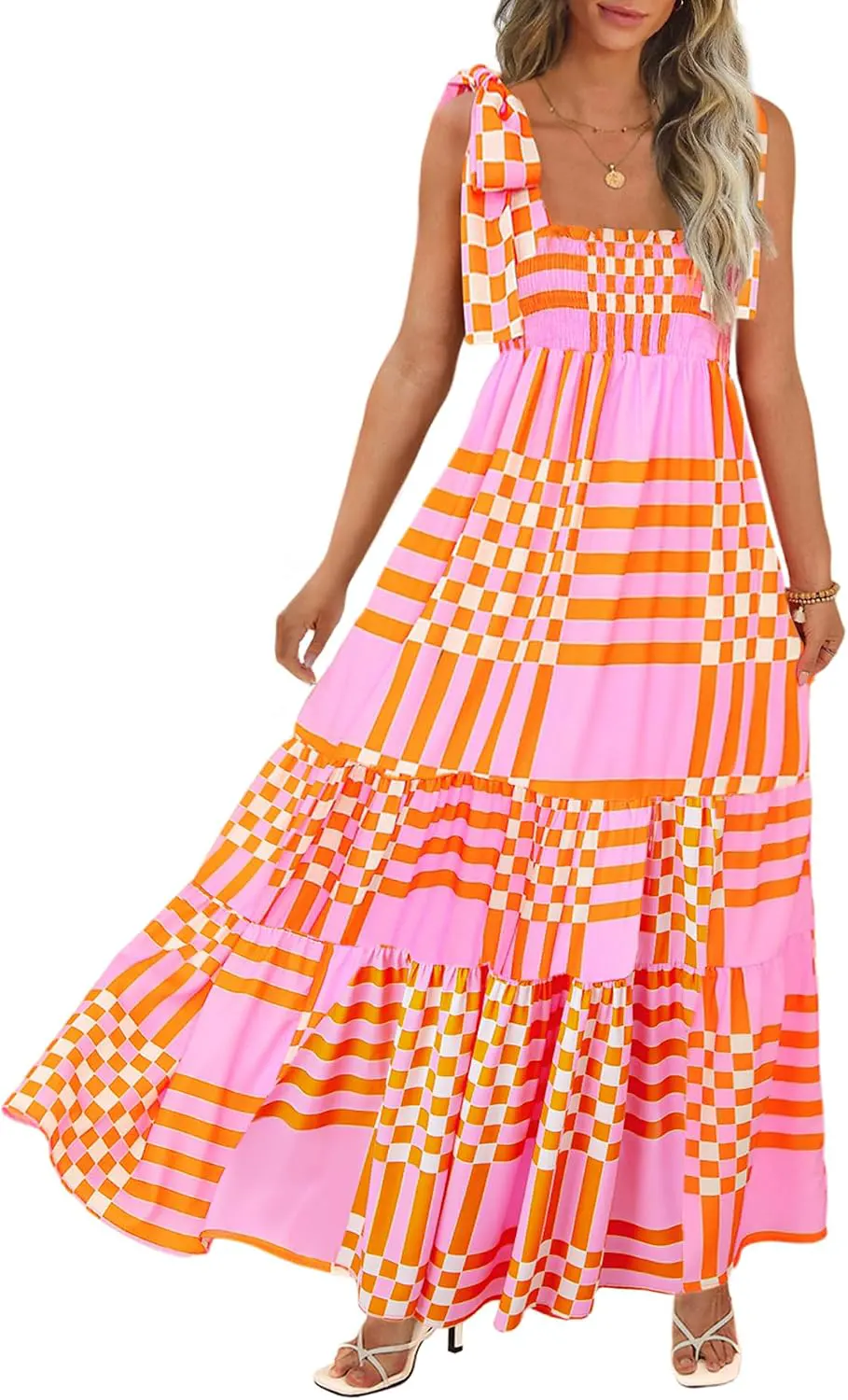 Boho Smocked Square Neck Tie Strap Maxi Sundress with Pockets