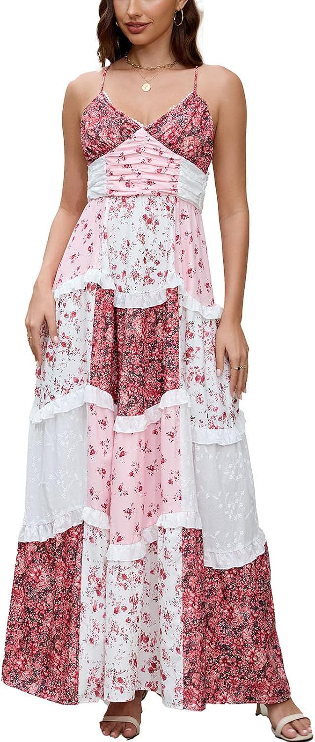 Floral Patchwork Cross Back Tiered Maxi Sundress