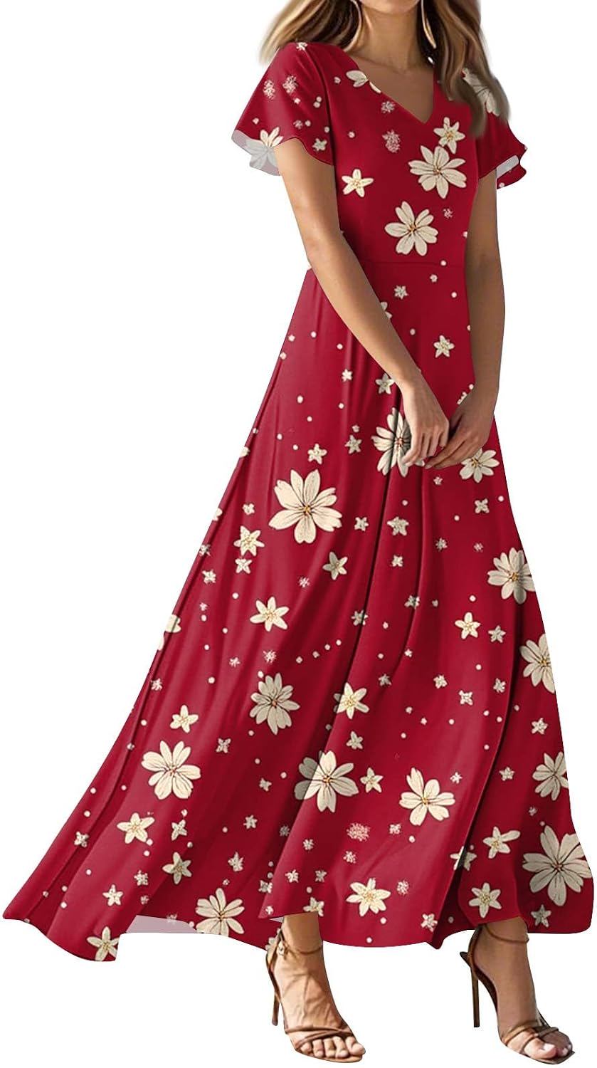 Floral Print Short Sleeve V Neck Flowy Swing Maxi Dress