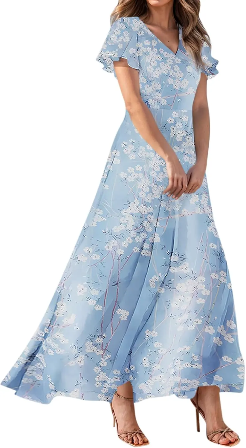 Floral Print Flutter Sleeve V Neck A-Line Maxi Dress