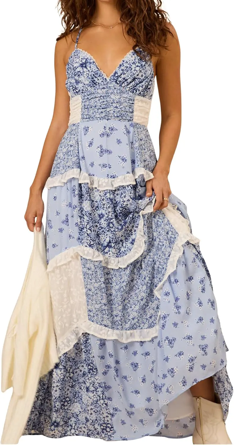 Lace Patchwork Criss Cross Backless Tiered Maxi Dress