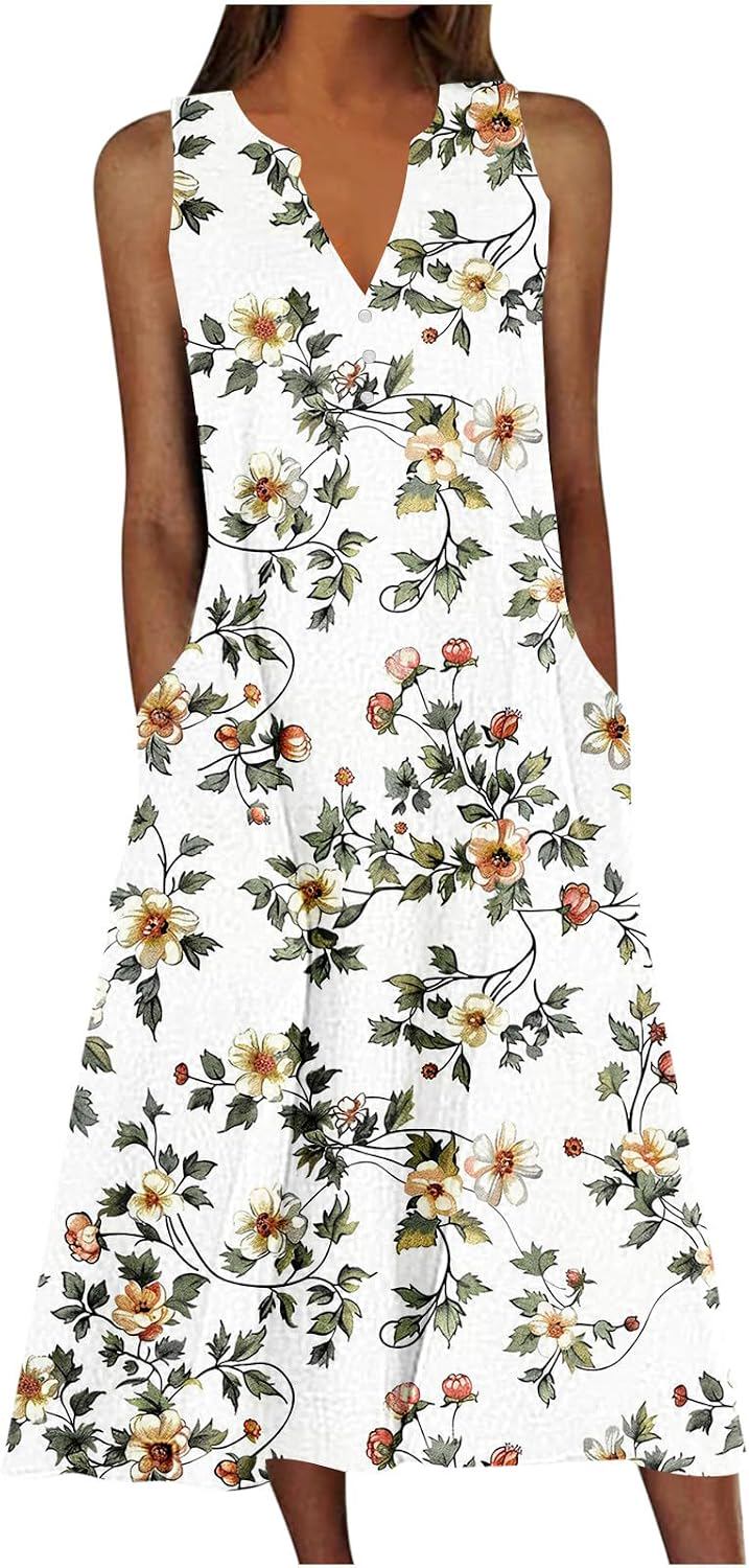 Vintage Floral Print Sleeveless V Neck Button Front Long Dress