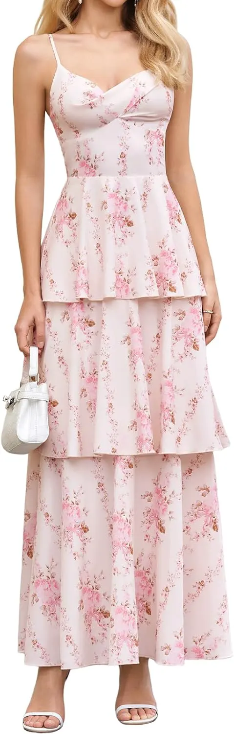 Floral Ruffle Tiered Backless Maxi Wedding Guest Dress
