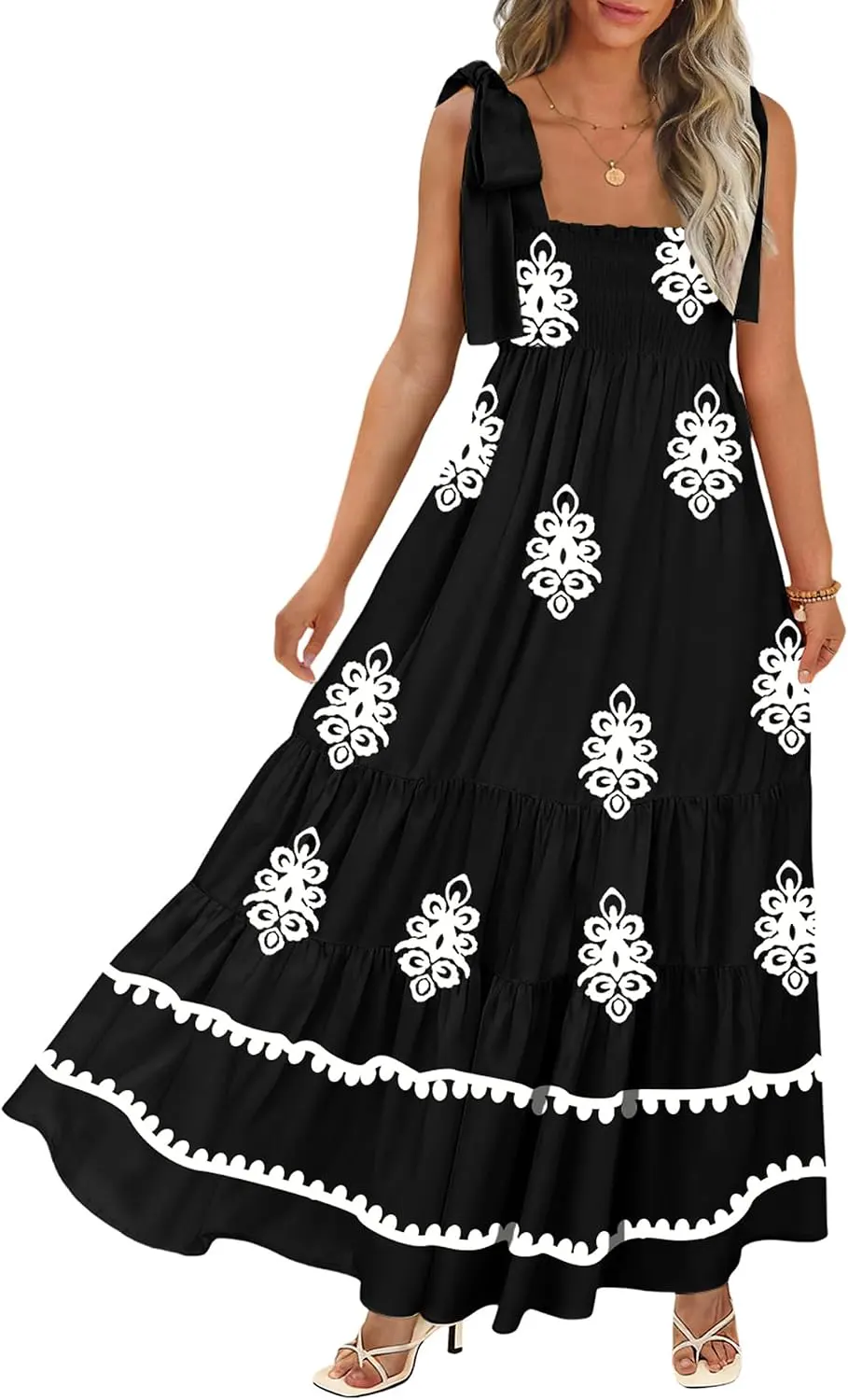 Boho Smocked Square Neck Tie Strap Maxi Sundress with Pockets
