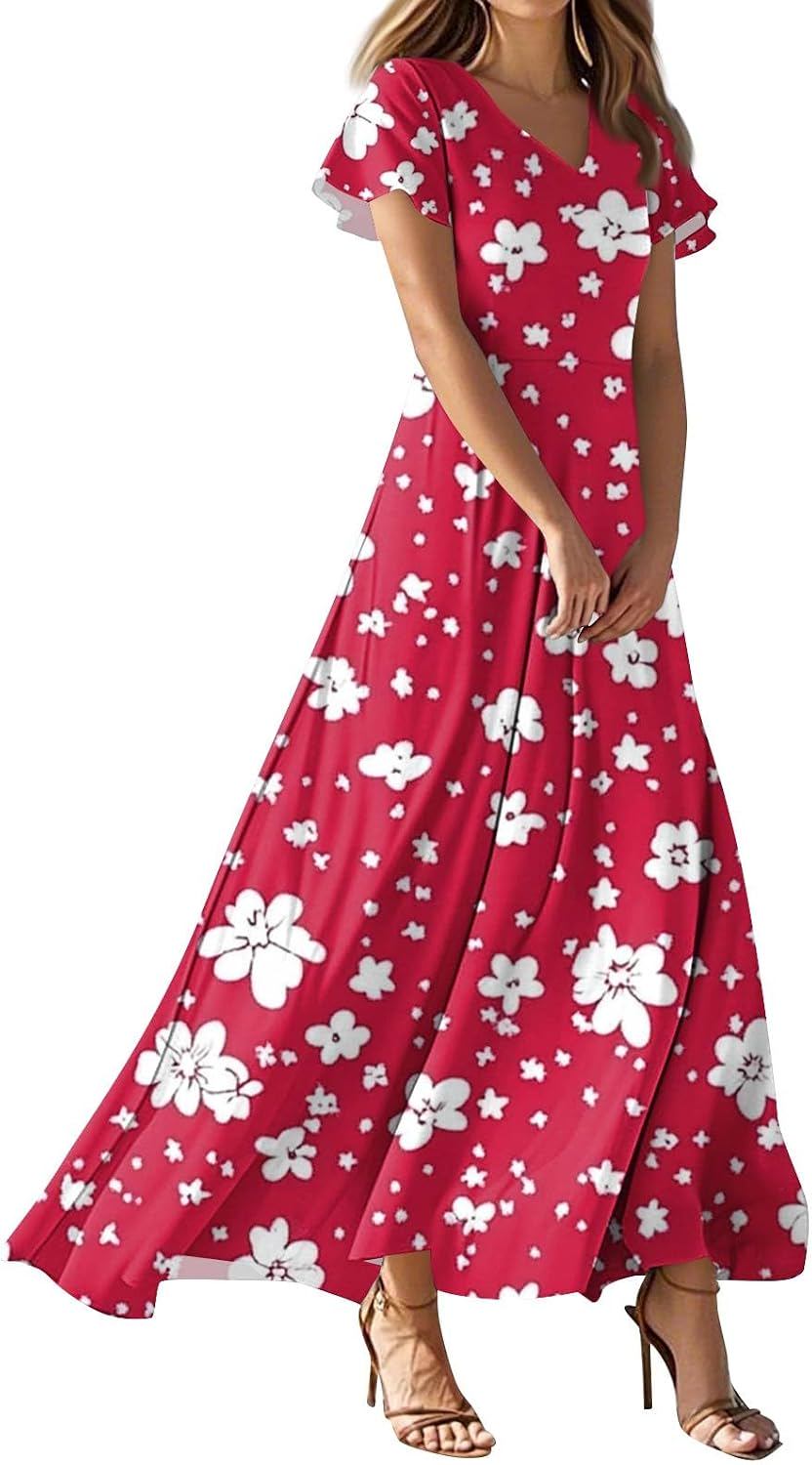 Floral Print Short Sleeve V Neck Flowy Swing Maxi Dress