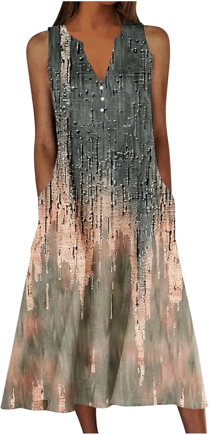 Vintage Floral Print Sleeveless Midi Dress