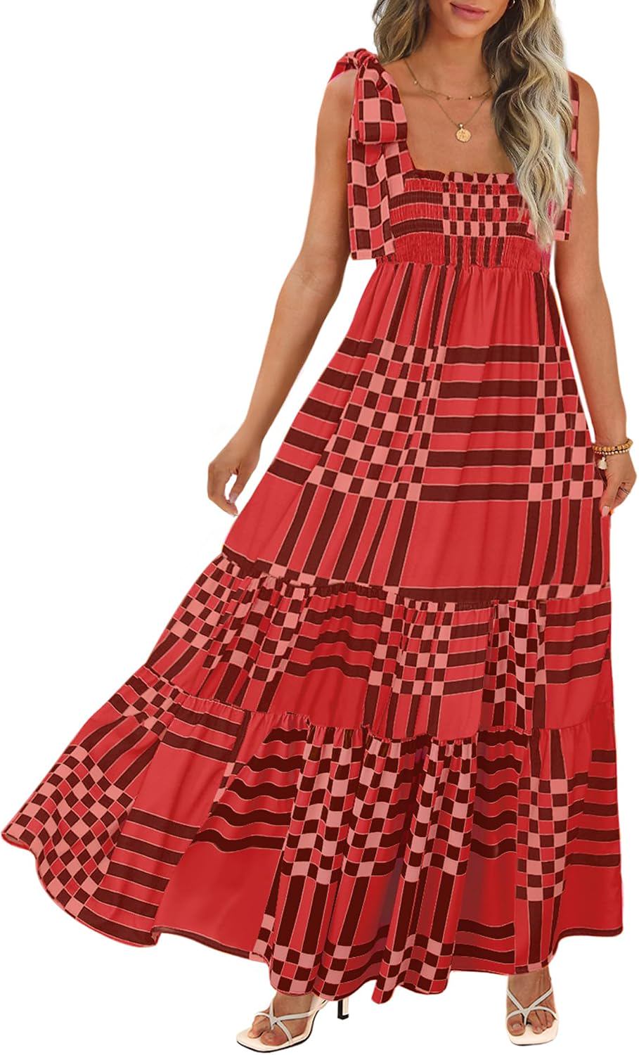 Women's Boho Tie Shoulder Maxi Dress - Square Neck Smocked A-Line Flowy Sun Dress with Pockets