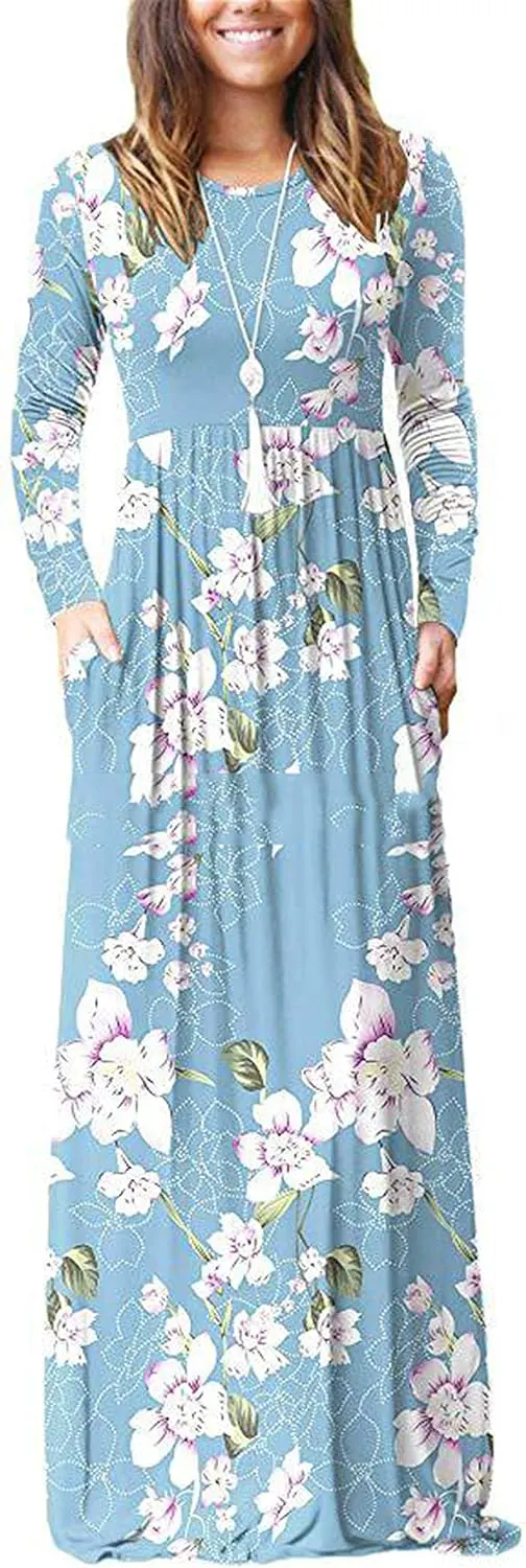 Casual Floral Print Long Sleeve Maxi Dress with Pockets - Loose Swing Scoop Neck Tie Waist Long Dress