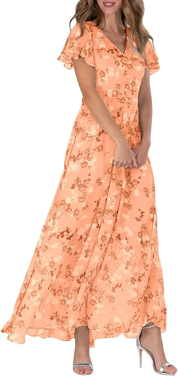 Floral Print Flutter Sleeve V Neck A-Line Maxi Dress