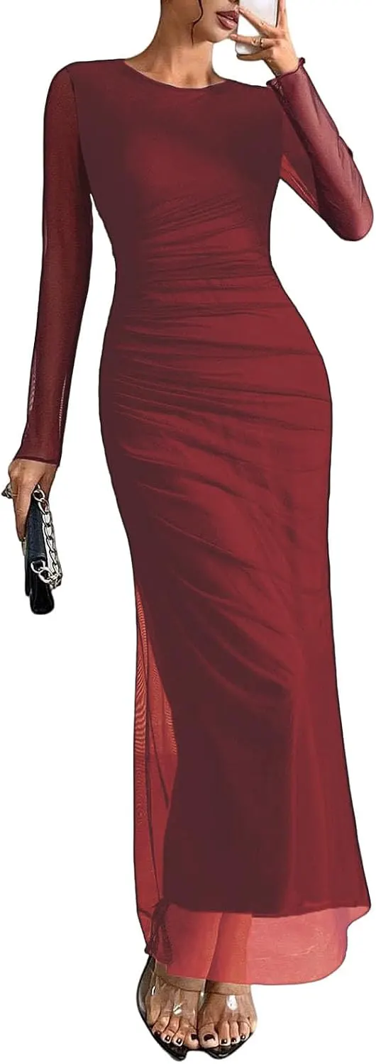 Long Sleeve Tie Dye Mesh Ruched Maxi Dress