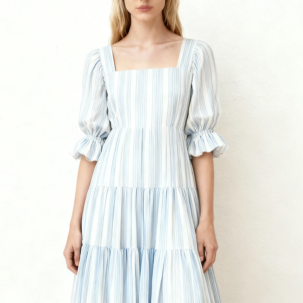 Cotton Linen Dresses Holiday Half Sleeve Ruffles Midi Smocking Summer Casual Dress for