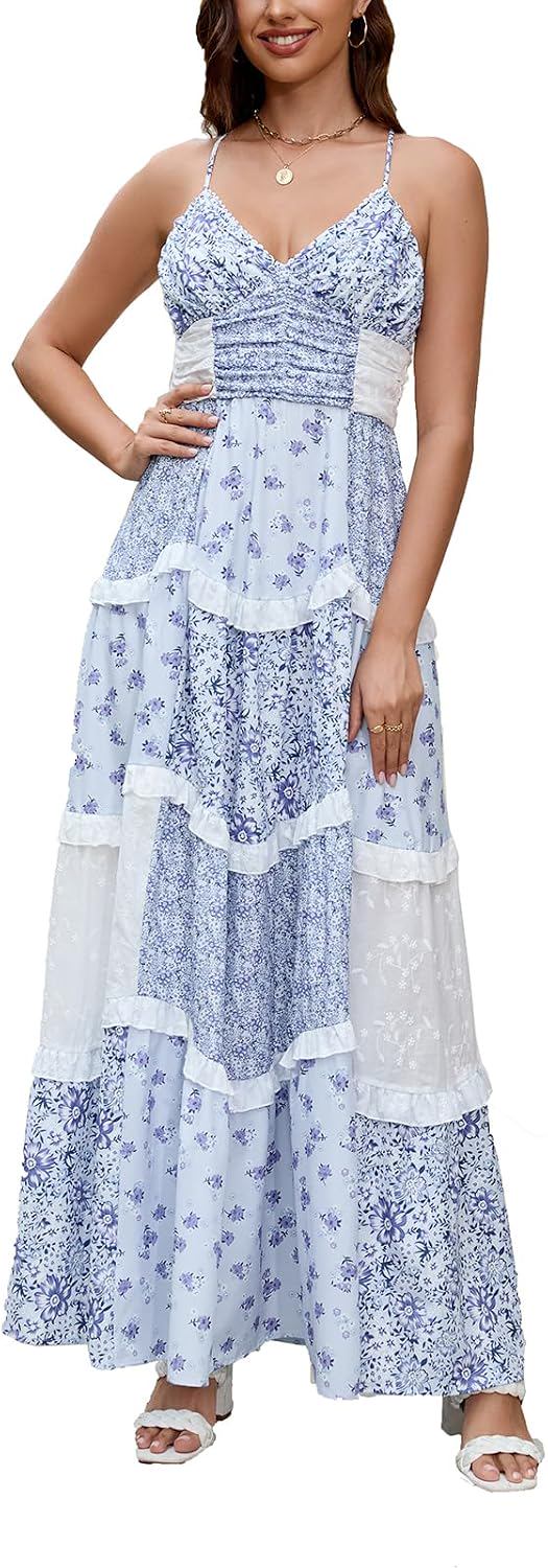 Floral Patchwork Maxi Dress - V Neck Cross Back Spaghetti Strap Tiered Ruffle Sundress