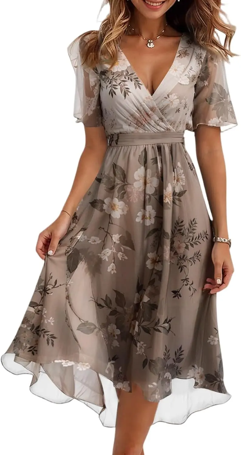 Boho Floral Print Chiffon Belted Midi Dress