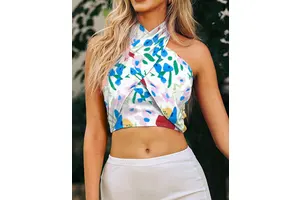 Criss Cross Halter Crop Top - Sleeveless Wrap Front Tie Backless Floral Tank Top