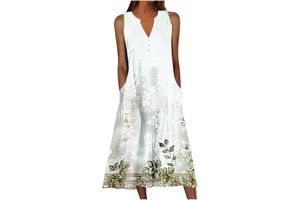 Vintage Floral Print Sleeveless V Neck Midi Dress - Loose Lightweight Casual Summer Beach Dress