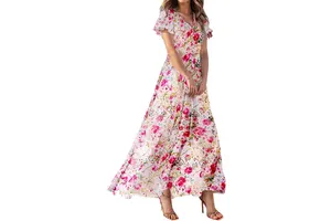 Floral Print Flutter Sleeve V Neck A Line Maxi Dress - Flowy Stretch Chiffon Swing Sundress