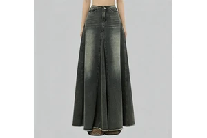 Women's Retro Fashion Dark Gray Denim High Waist Wide Flare Distressed Raw Hem Maxi Casual Streetwear Skirts
