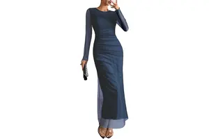 Women's Long Sleeve Tie Dye Mesh Maxi Dress - Ruched Bodycon Formal Wedding Guest Dress
