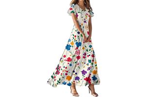 Floral Print Short Sleeve Maxi Dress - V Neck Loose Flowy Swing Beach Vacation Sundress