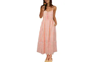 Striped Boho Maxi Dress - V Neck Tie Front Smocked Back Spaghetti Strap A-Line Sundress with Pockets