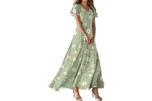 Modest Floral Maxi Dress - Short Sleeve V Neck Empire Waist Tiered Flowy Long Dress