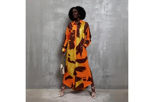 Custom Modest Pleated Dress Women's Fashion Printed Lantern Sleeves Loose Large Size Pleated Casual Women Dress