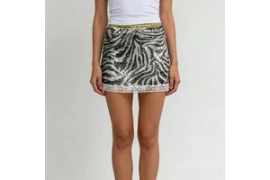Women's Fashion Sexy Zebra Print Sequin Mini Skirt With White Lace Trim Elastic Waist Party Casual Skirts