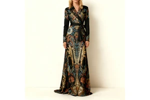 Custom Floral Dresses Printed -Neck Long Sleeve Floral Wrap Printed Clothing Long Dress Woman Pleated Casual Dress