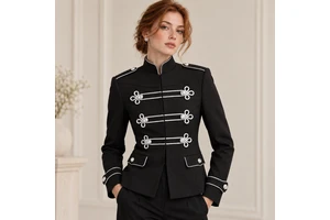 2026 Custom Women Fashion Jacket Stand Collar Slim Fit Black Blazer Silver Trim Epaulet Long Sleeve Wholesale Outerwear