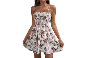 Boho Floral Print Ruched Bust Sundress - Spaghetti Strap Square Neck Flare Hem Short Cami Dress
