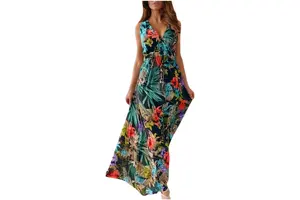 Boho Floral Print Maxi Dress - V Neck Wrap Chiffon Elastic Waist Flowy Hawaiian Beach Dress