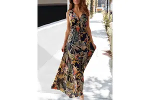 Boho Floral Print Backless Maxi Dress - V Neck Sleeveless Drawstring Waist Long Sundress