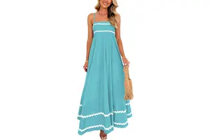 Women's Spaghetti Strap Boho Maxi Dress - Square Neck Ruffle Hem A-Line Cami Dress with Pockets