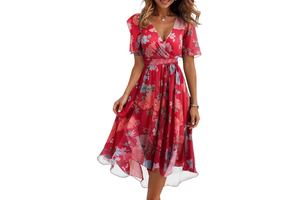 Boho Floral Print Chiffon Belted Midi Dress - V Neck A-Line Wedding Guest Cocktail Dress