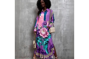 OEM Custom 2025 Summer African Maxi Silk Dress Luxury Floral Gown Kaftan Silk Dresses Ladies Loose Plus Size Dress