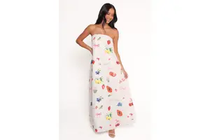 Strapless Bow Print Maxi Dress - Straight Neck Lined Woven Summer Sundress