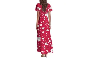 Floral Print Flowy Swing Maxi Dress - Casual V Neck Short Sleeve Beach Vacation Long Dress